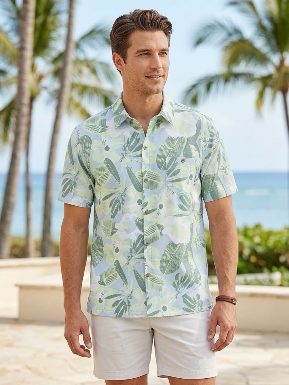 NWT Caribbean Joe Men's L Aqua Tropical
Palm Button Up Shirt UPF 50